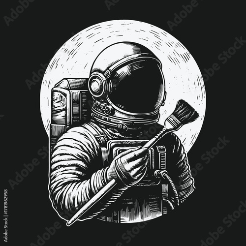 Monochrome illustration of an astronaut artist holding a paintbrush.
