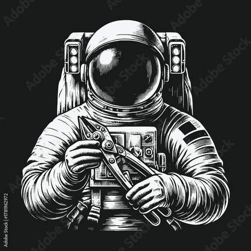 Monochrome illustration of an astronaut mechanic holding pliers.