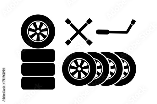 Car tires and lug wrench icon set.