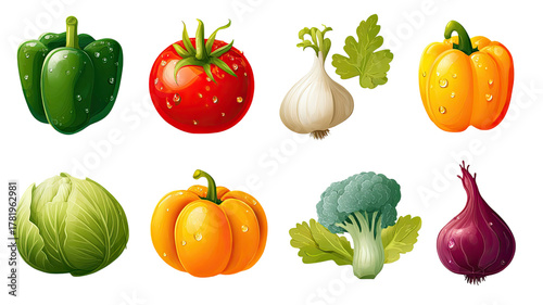 Collection of fresh healthy vegetables including tomato, onion, pepper, cucumber, and carrot isolated on white
