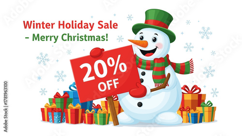 Festive Winter Sale: A cheerful snowman joyfully displays a 20% OFF sign amidst a festive collection of colorful gift boxes.