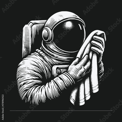 Monochrome vintage illustration of an astronaut cleaning with a cloth.