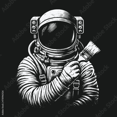 Creative cosmonaut with paint brush black and white illustration.