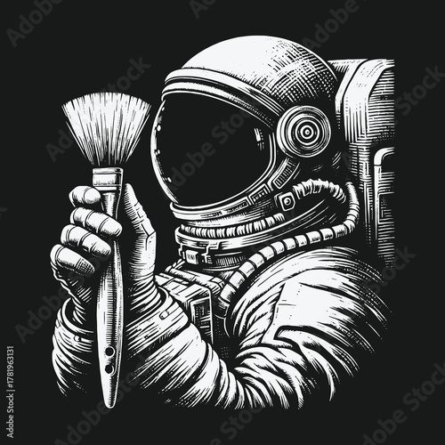 Monochrome illustration of an astronaut artist holding a paintbrush.