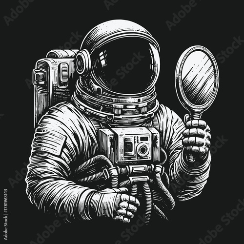 Astronaut in detailed spacesuit holding a mirror for self reflection.