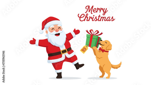 Santa's Festive Surprise: A jovial Santa Claus with a joyful golden retriever, celebrating Christmas with a gift exchange. The spirit of the season