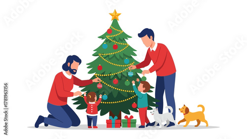Christmas Tree Decoration: A family comes together to decorate a vibrant Christmas tree, creating a joyful scene filled with love, laughter, and festive spirit.