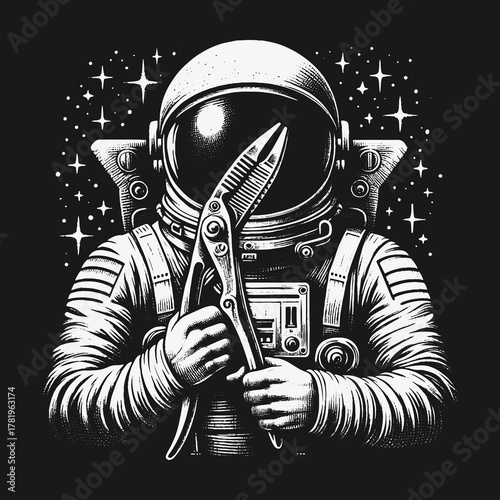 Astronaut in outer space holding a large pair of pliers tool.
