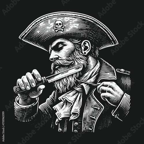 Vintage engraving style illustration of a pirate shaving with a knife.