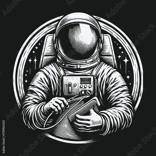 Monochrome astronaut in a spacesuit working on a futuristic tablet in a vintage engraving style.