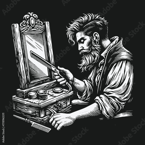 Vintage hand drawn illustration of a stylish bearded barber at his station.