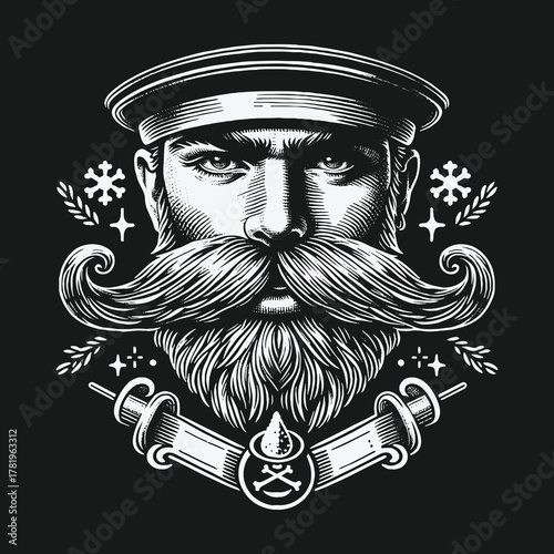 Vintage monochrome illustration of a bearded captain man with a large mustache.