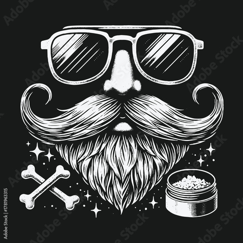 Monochrome graphic illustration of a cool hipster man with a large beard and sunglasses.