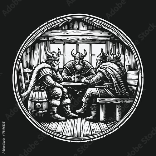 Three Viking warriors drinking ale together in a rustic wooden longhouse.