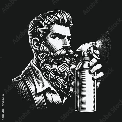 Monochrome vintage illustration of a bearded man holding a grooming spray bottle.