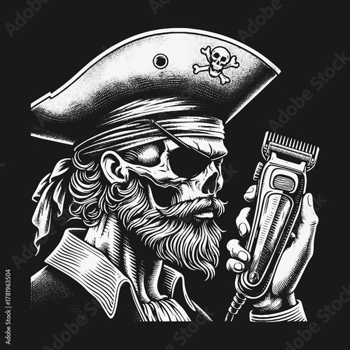 Monochrome Pirate Skull Barber Holding a Hair Clipper Illustration.