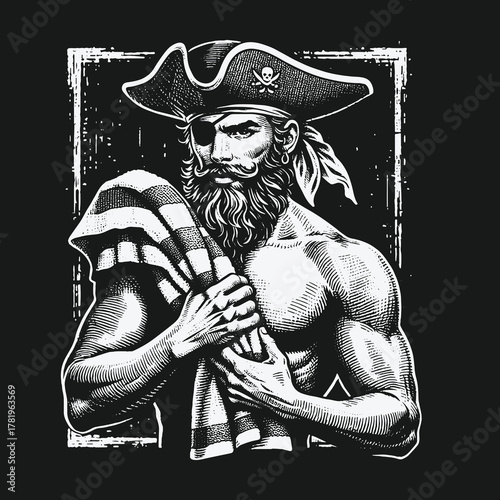 Vintage monochrome illustration of a muscular pirate captain holding a flag.