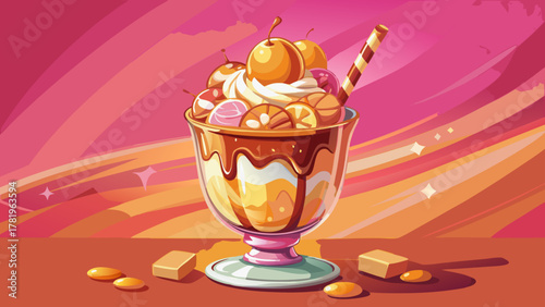 Very beautiful ice cream sundae in a glass, topped with caramel drizzle and marshmallows, placed on a pink background, with warm natural light and realistic delicious dessert textures.