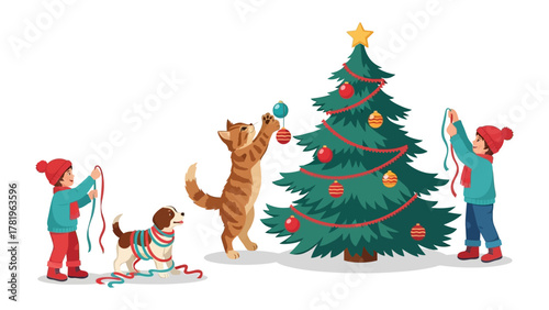 Festive Decoration: Two children and their pets eagerly decorate the christmas tree, filling the scene with warmth and anticipation.