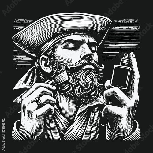 Vintage illustration of a bearded pirate captain grooming with a straight razor.