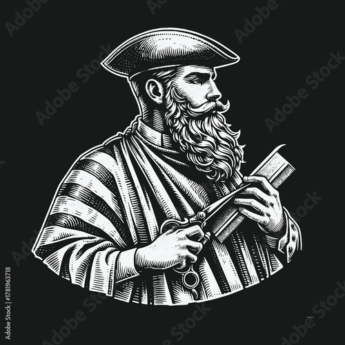 Monochrome engraving style portrait of a bearded tailor holding scissors.