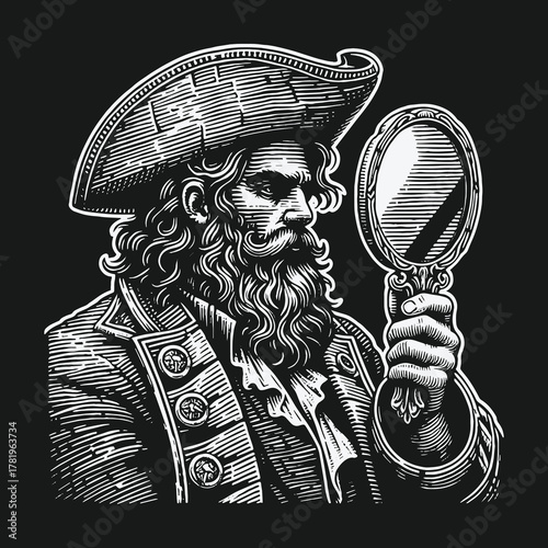 Vintage woodcut illustration of a bearded pirate looking in a mirror.