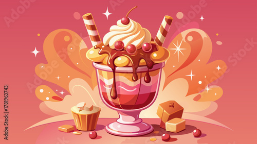 Very beautiful ice cream sundae in a glass, topped with caramel drizzle and marshmallows, placed on a pink background, with warm natural light and realistic delicious dessert textures.