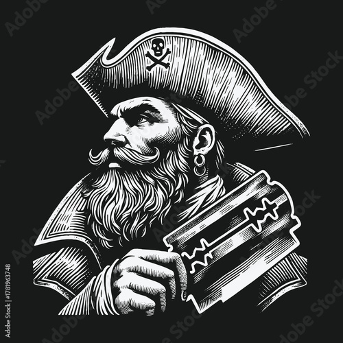 Vintage pirate barber holding a sharp razor blade illustration.