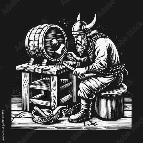 Viking craftsman with a horned helmet building a wooden barrel.
