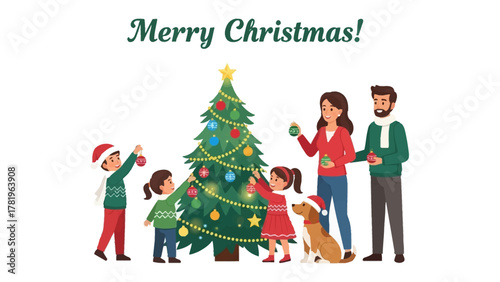 Family's Festive Gathering: A heartwarming illustration of a family united in the joy of the holiday season, gathering to adorn their Christmas tree with ornaments.