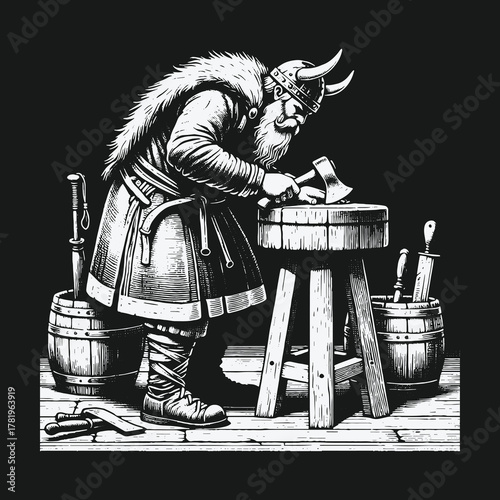 Monochrome illustration of a Viking blacksmith forging a battle axe.