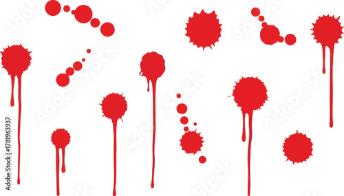 Red vector bloodlike splatters and trails on white background