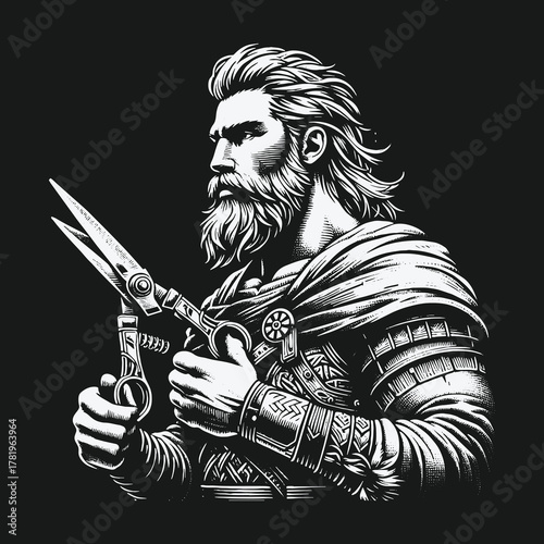 Bearded Viking warrior barber holding large scissors illustration.