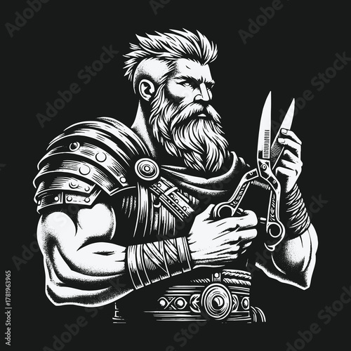 Monochrome illustration of a muscular Viking barber holding scissors.