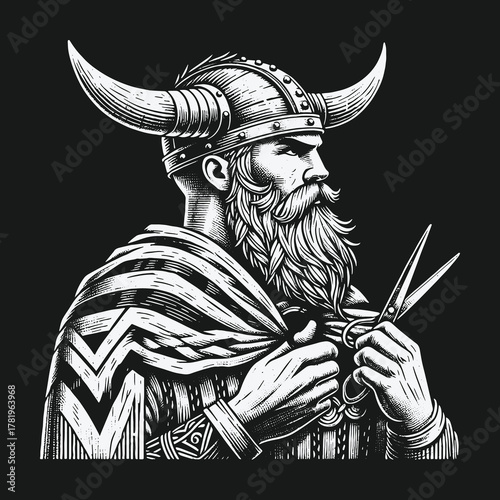 Monochrome illustration of a Viking barber with a horned helmet holding scissors.