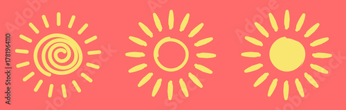 Three stylized yellow sun illustrations on a coral background