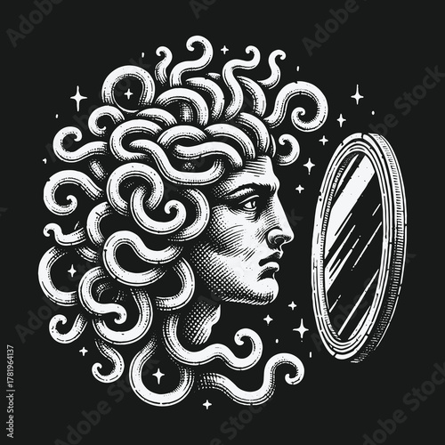 Monochromatic Medusa Gorgon gazes into a reflective mirror.
