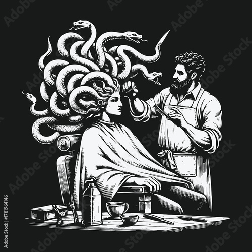 Brave Barber Gives the Mythical Medusa a Dangerous Haircut.