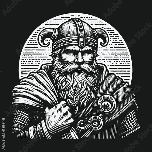 Black and white Viking warrior portrait illustration.