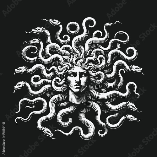 Monochrome engraving style illustration of the mythical Medusa Gorgon head.