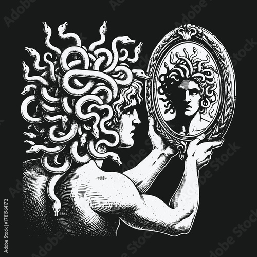 Mythological Medusa with snake hair confronts her reflection in a mirror.