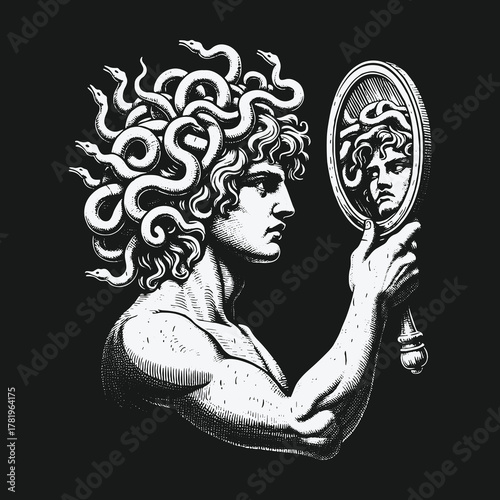 Classical Greek Medusa sculpture staring at her own reflection.
