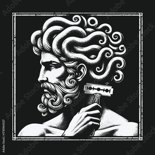 Classical Greek God Statue Shaving with a Razor Blade Illustration.