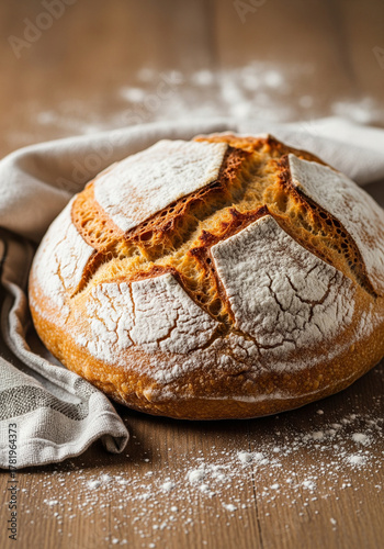 A close-up of a delicious, freshly baked round loaf of artisan bread with a scored top and sprinkled with flour on a dark wood background