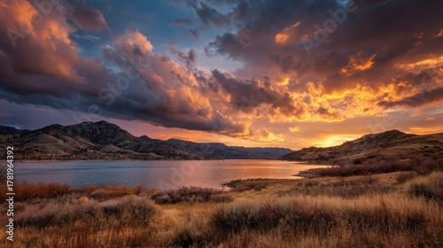 Serene Sunset Over Horsetooth Reservoir in Fort Collins, Colorado - A Scenic Landscape with Cloudy Skies and Majestic Mountains