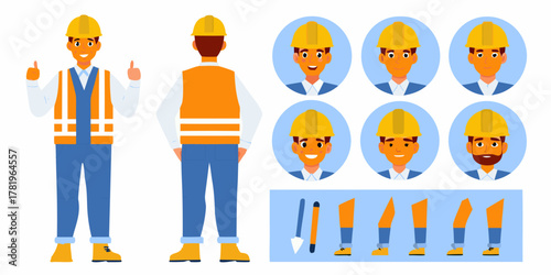 Male construction worker character kit with front and back views and facial expressions