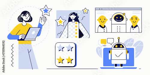 Customer service and feedback concept with people and robots interacting and leaving reviews