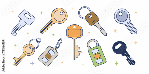 Collection of various keys and keychains with a playful cartoonish style on a white background with sparkling stars