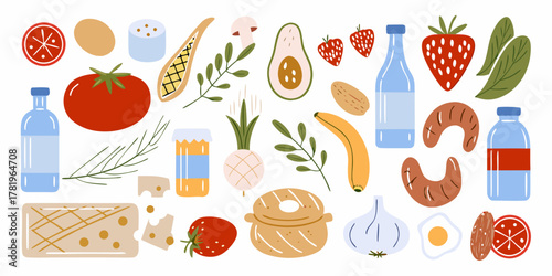A colorful collection of hand drawn food items and ingredients arranged in a flat lay style on a white background