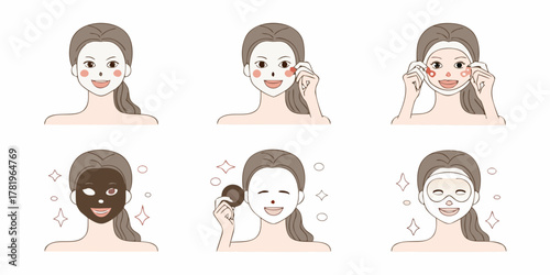 Woman applying facial mask step by step for skincare routine and beauty treatment